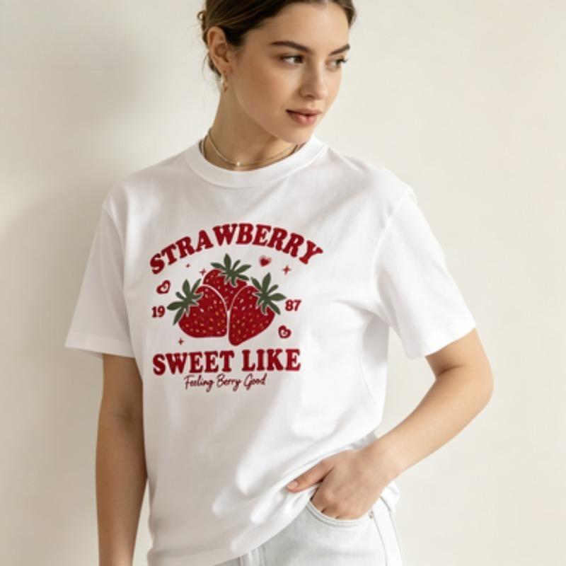 Unisex Modal Tshirt Strawberry Sweet Like Print Short Sleeve Round Neck Cute Fruit Casual Soft Graphic Tee Black White