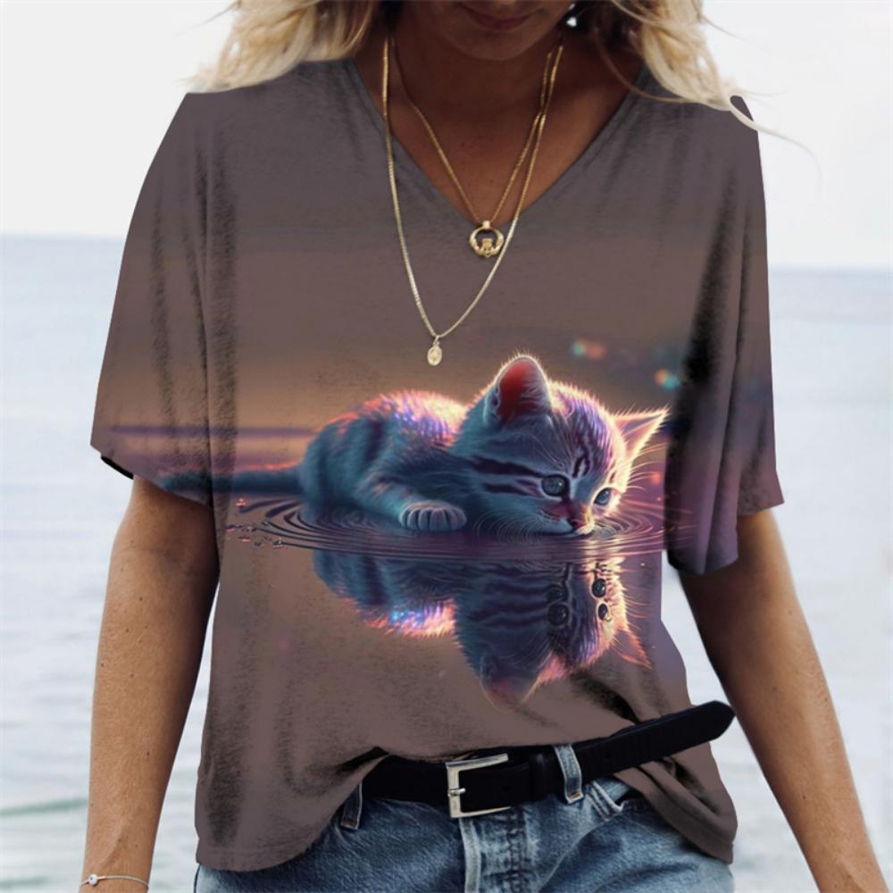 Летняя женская футболка AI Orange Cat Print Casual Short Sleeve 3d T Shirts Fashion Streetwear Crew Neck Pullover Female Clothing
