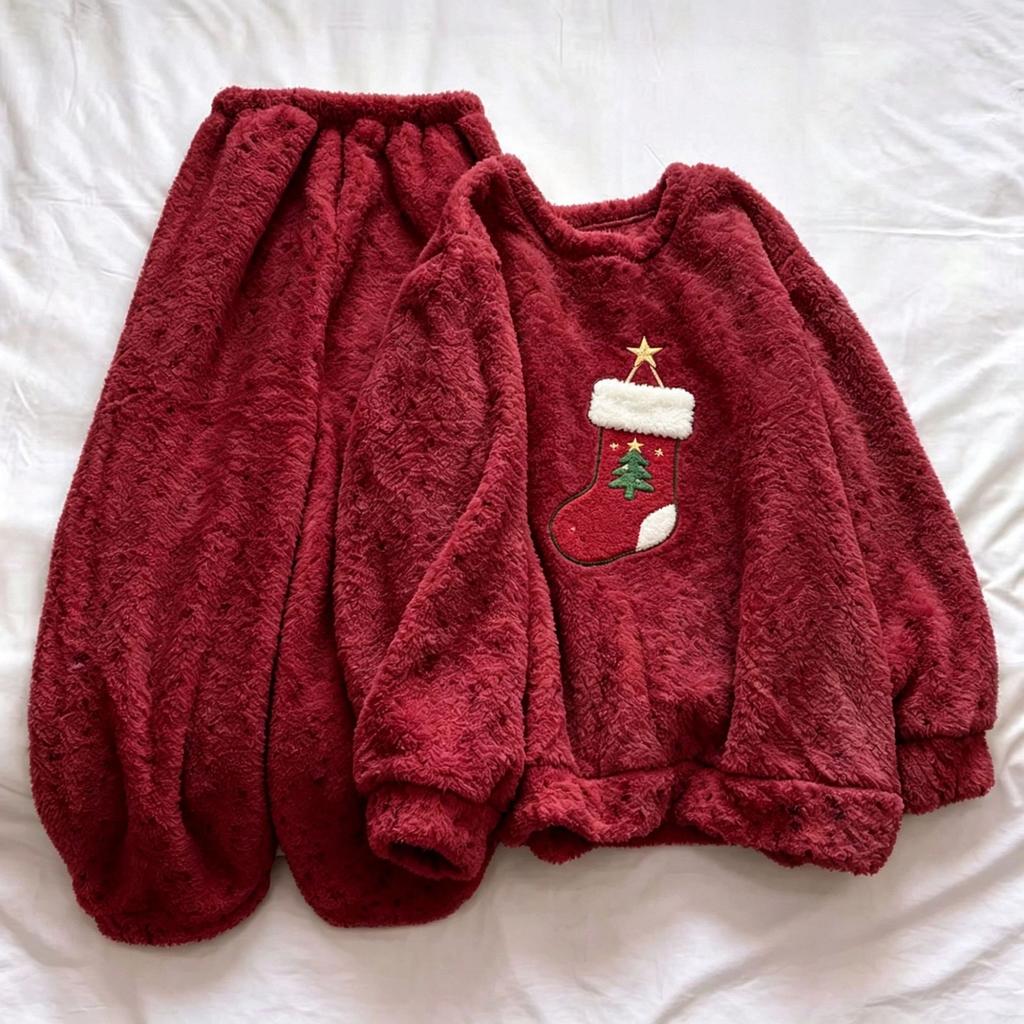 Women's Fall Winter Double-Sided Thick Warm Flannel Long Sleeve Loungewear Set for Couples