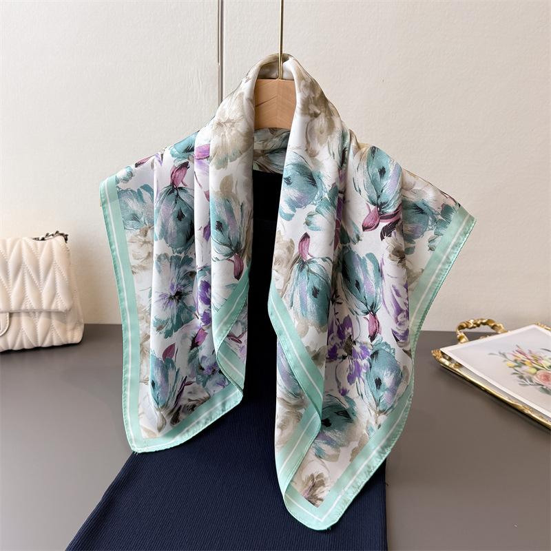70*70cm Women's Imitation Silk Square Scarf Soft Satin Print Wrap Foulard Neckerchief Bandannas Hair Skinny Tie Hijab Shawls