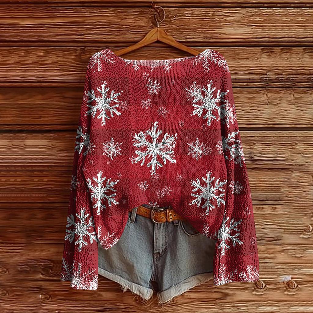Women's Christmas Print Lightweight Sweater Casual Long Sleeve Knitted Pullover
