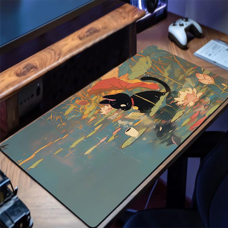 Mouse Pad Anime Black Cat Extended Mouse Mat Computer Keyboard Pad Green Plants Desktop Mat with Non-Slip Base and Stitched Edge