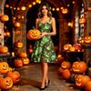 Women’s Halloween Print Dress Sleeveless Spaghetti Strap A-Line Midi Dress with Witch Hat and Skull Pattern for Holiday Parties