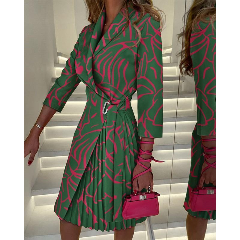 Womens V-Neck Fashion Tie Waist Mid-Sleeve Pleated Dress