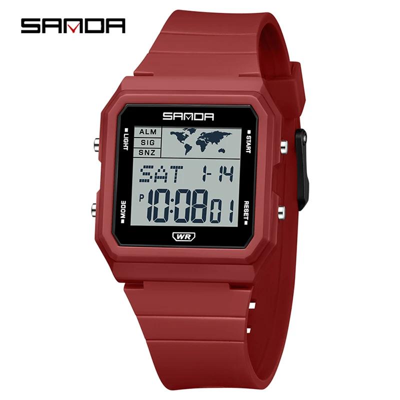 SANDA New Square Men Watch LED Luminous Digital 5Bar Waterproof Clock Fashion Student Sports Multifunction Chronograph Watch