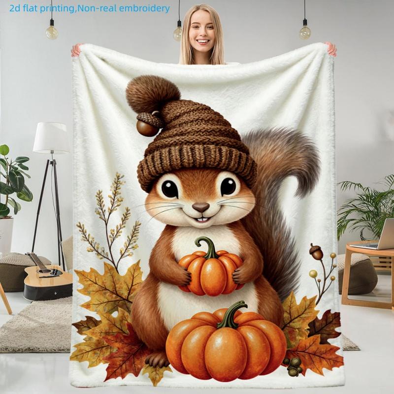 1pc Autumn Cartoon Squirrel Print Blanket, Pumpkin And Falling Leaves Theme, Multi-Size Available, Suitable for Living Room, Bedroom, Study, Office, B