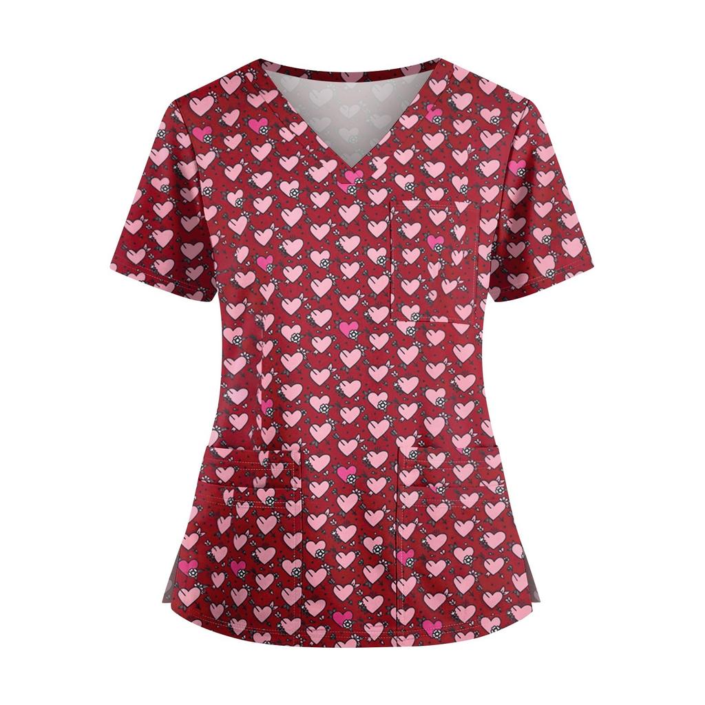 Плюс размерСкраб с принтом Рабочая форма Топы для женщин Крест V-образным вырезом Хэллоуин Принт с короткими рукавами Забавные футболки Спецодежда Футболка с карманами