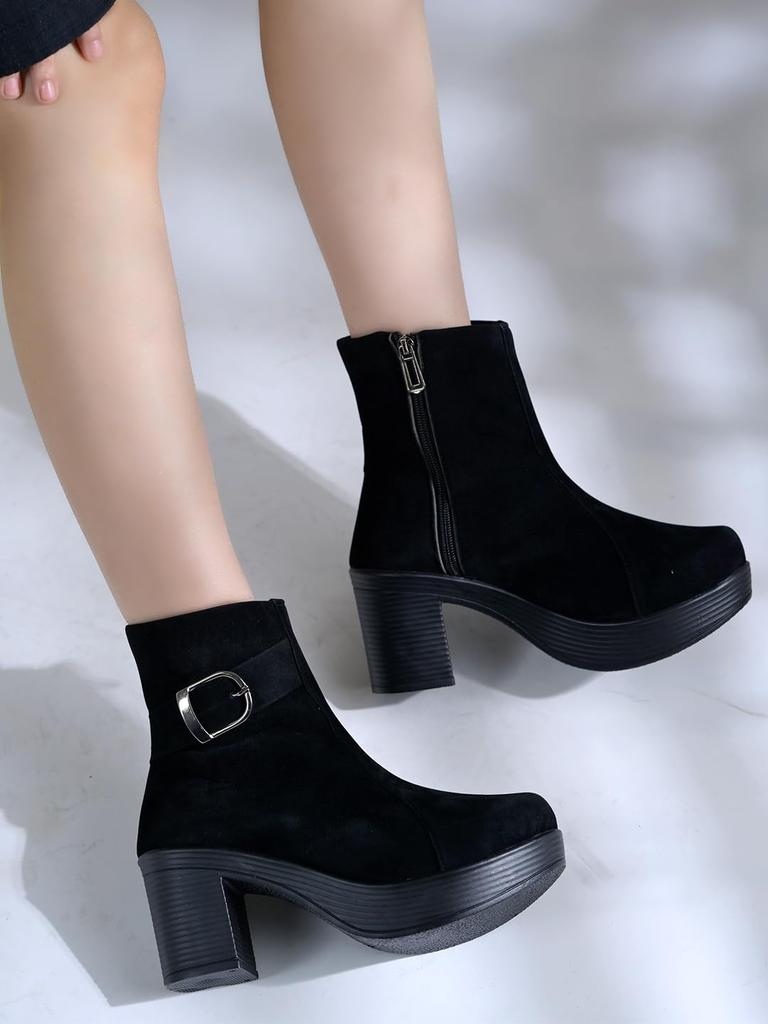 Shoetopia Женские короткие ботильоны на массивном каблуке с нескользящей подошвой, удобные модные ботильоны на щиколотку | Мягкая амортизирующая подошва | Для повседневной носки, вечеринок и зимы