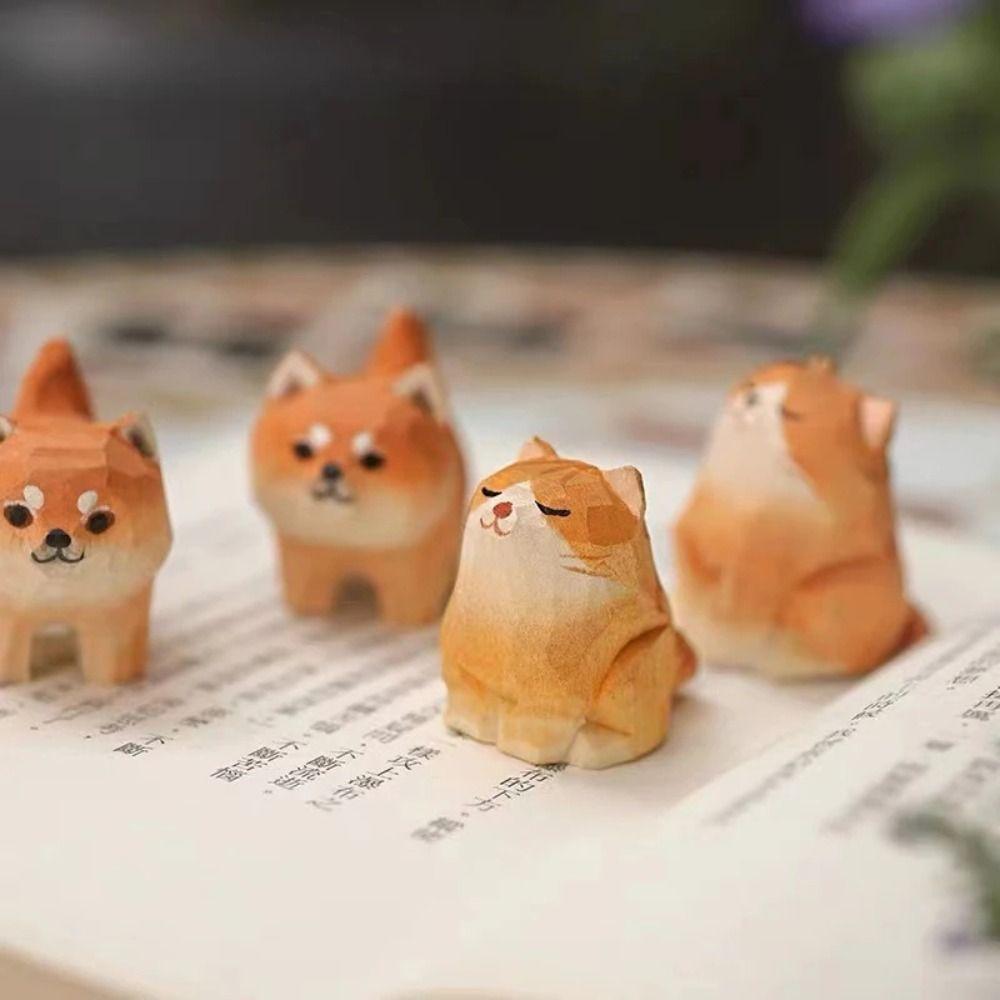 Mini Cat Dog Statues Painted Small Animal Dolls Desktop Accessories Wooden Animal Figurine Home