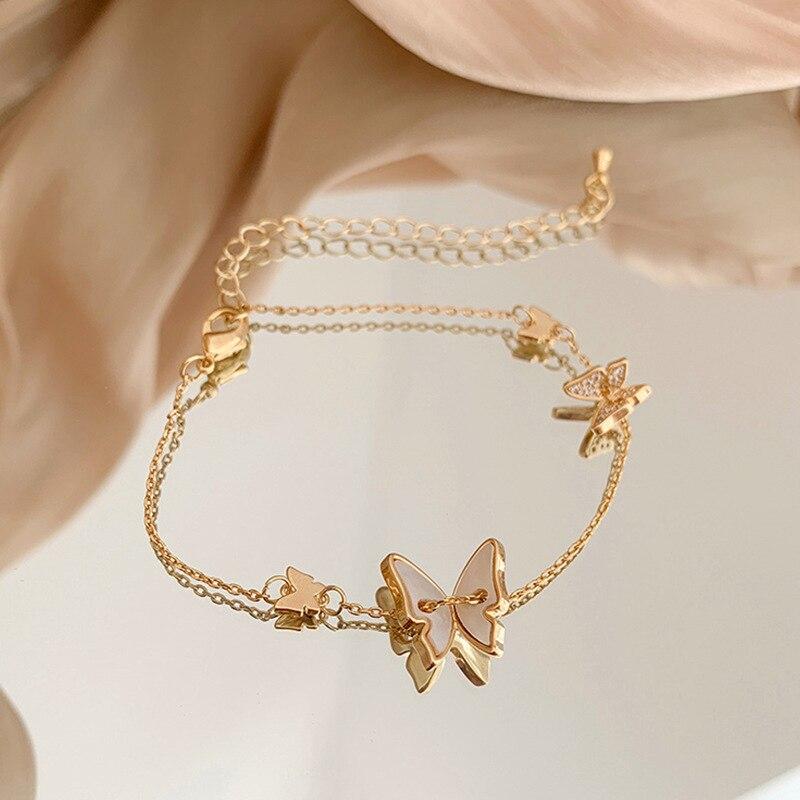 925 Sterling Silver Butterfly Charm Bracelet For Women Elegant White Shell Zircon Chain Bracelet Birthday Gift