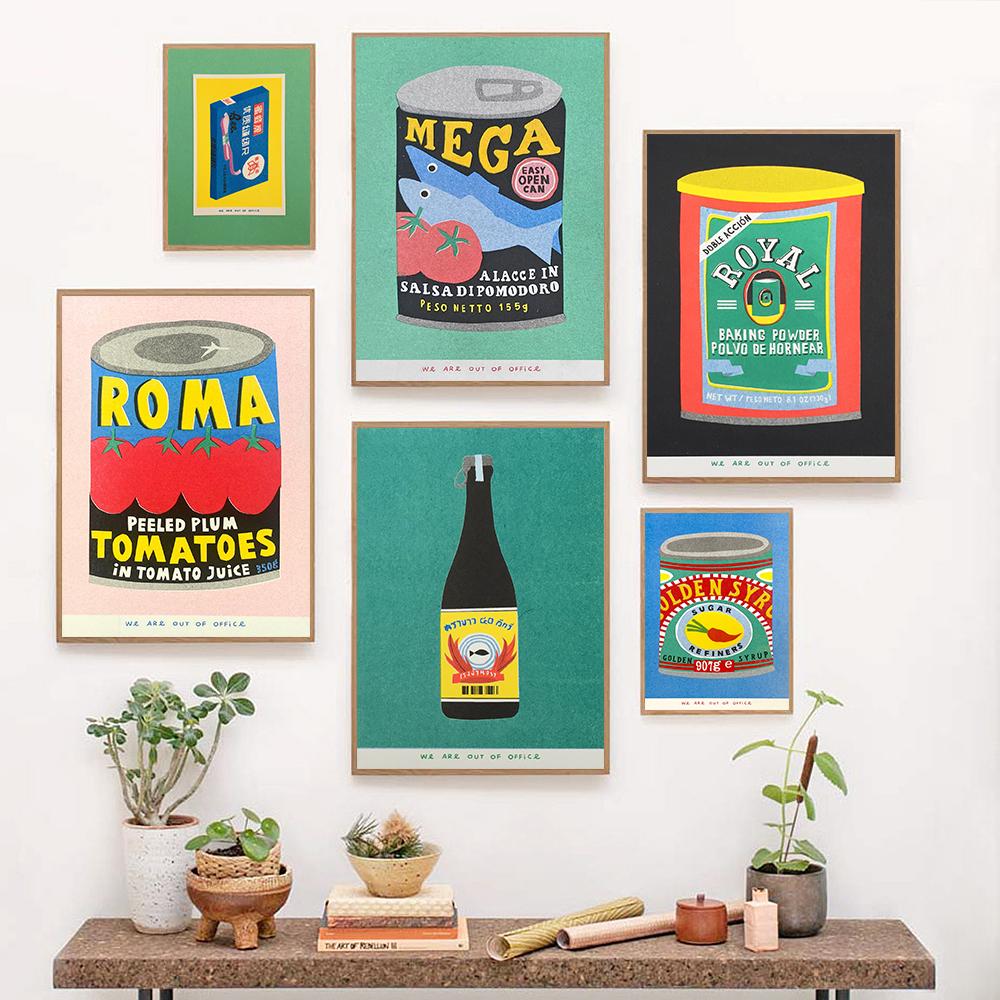 Японское ведро кокосового масла, консервированные сливы, помидоры, сардины, настенная живопись, скандинавский плакат, чай с розой, принт, картина, декор для гостиной