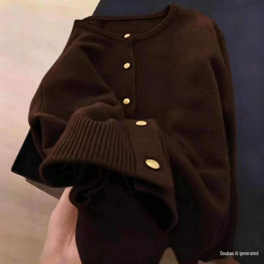 Women's Retro Gold Buckle Round Neck Knit Cardigan - Autumn/Winter 2026 Collection, Loose Casual Fit Sweater.