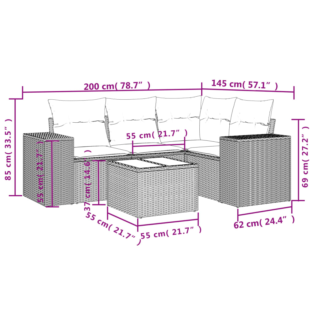 5 piece garden sofa set with cushions black poly rattan