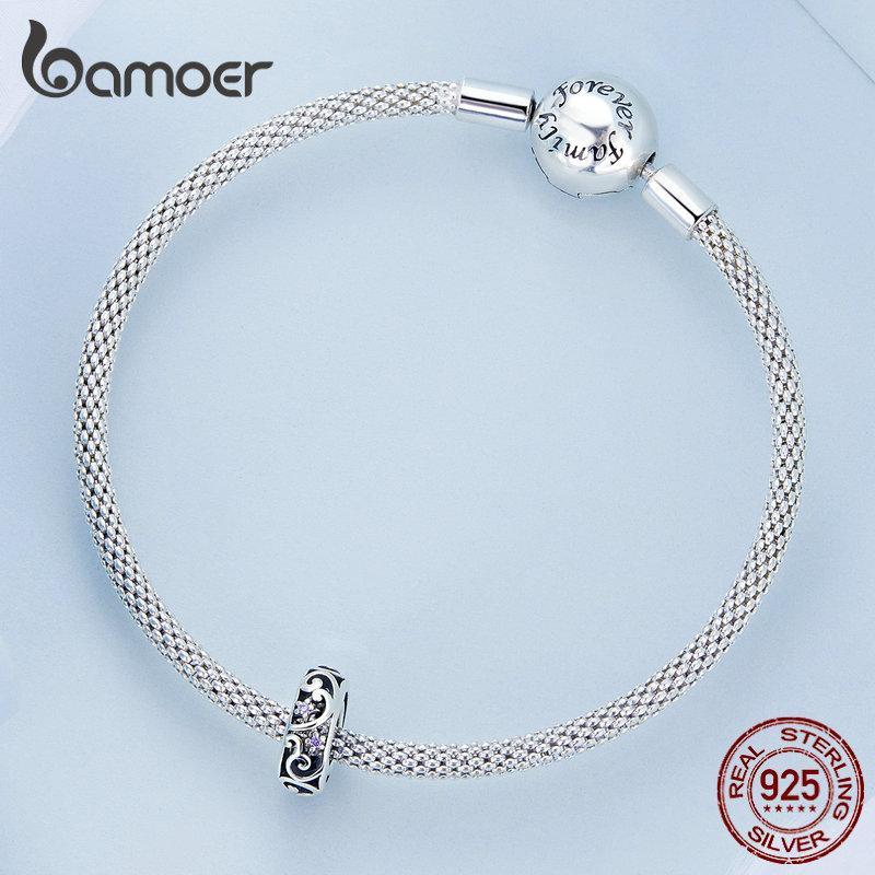Bamoer 925 Sterling Silver Vintage Texture Purple Zirconium Pendant Fit Women DIY Bracelet & Bangle Pearl Glossy Pearl Charms