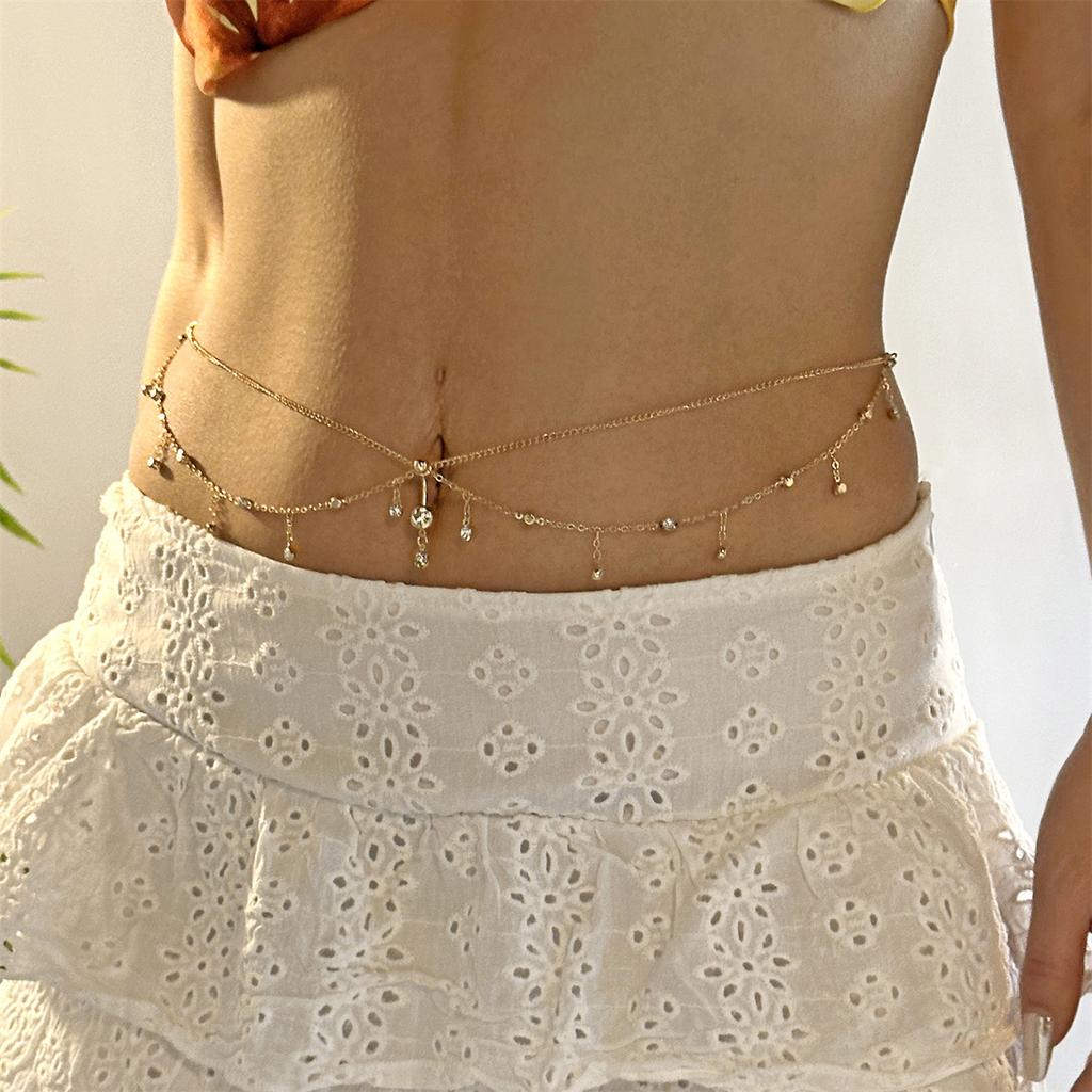 Double Layer Crisscross Cubic Zirconia Chain Navel Ring Waist Chain for Women Gold Tone Adjustable Body Chain Belly Jewelry