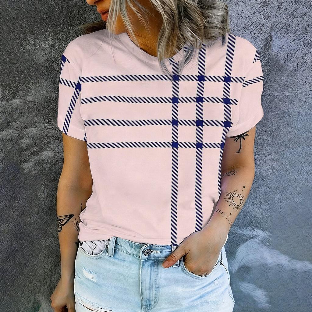 Simple and Personalized Line Printed Summer Women's Round Neck Short Sleeved T-Shirt