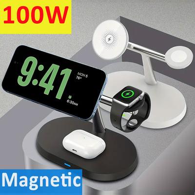 100 Вт Магнитная беспроводная зарядная подставка для iPhone 15 14 13 Pro Max Watch 8 7 6 Airprods 3 в 1 Macsafe Быстрая зарядная станция