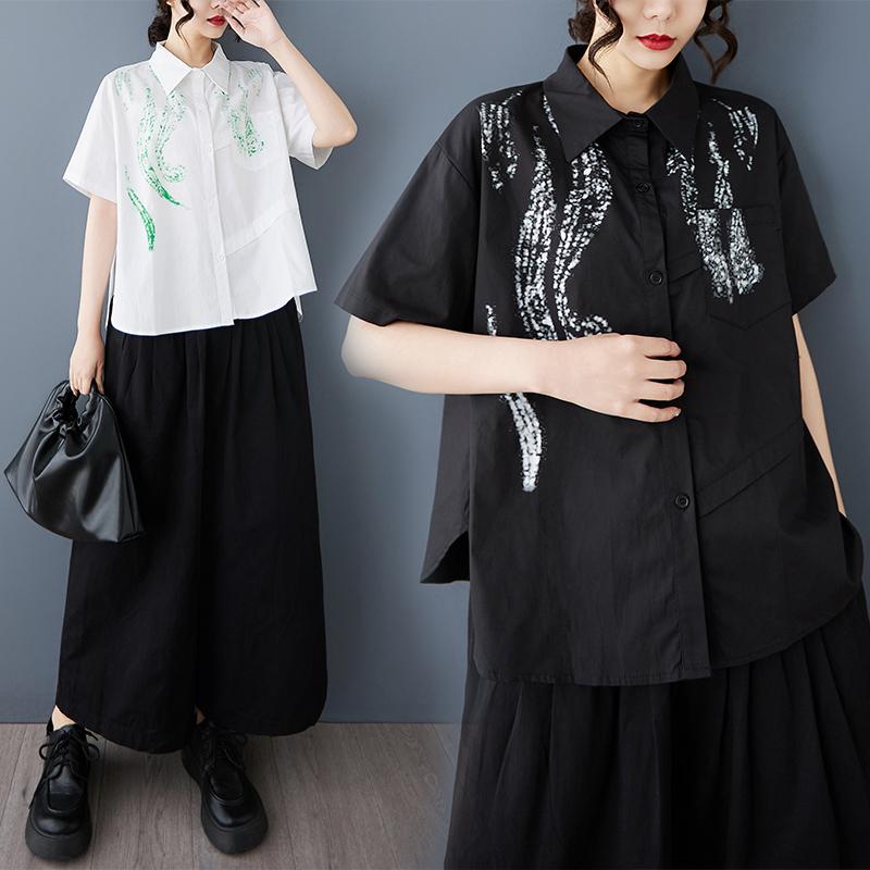 DIMANAF 2025 Plus Size New Summer Blouse Short Sleeve Vintage Printing Casual Women Loose Tops Buttons Shirts