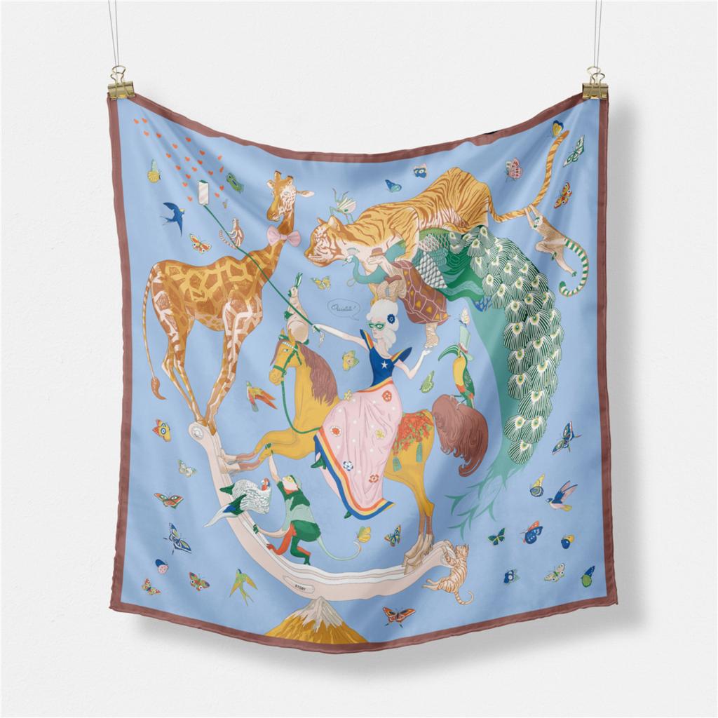 53cm Giraffe Tiger Horse Brand Square Scarf Woman 2024 Design Silk Scarf Women Bandana Luxury Headband Hijab Foulard Neckerchief