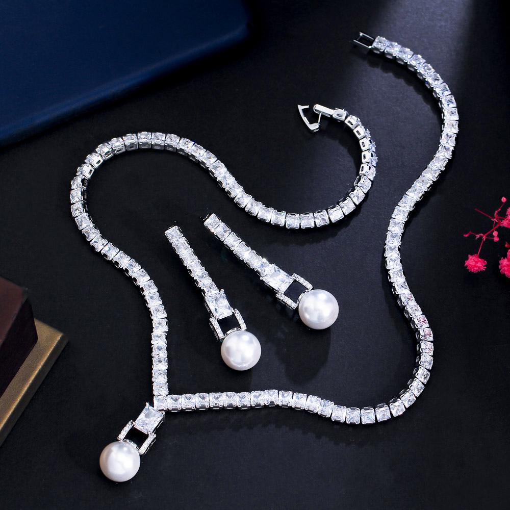 CMM блестящий кубический циркон, свадебное ожерелье из искусственного жемчуга, серьги, вечерние комплекты ювелирных украшений для женщин