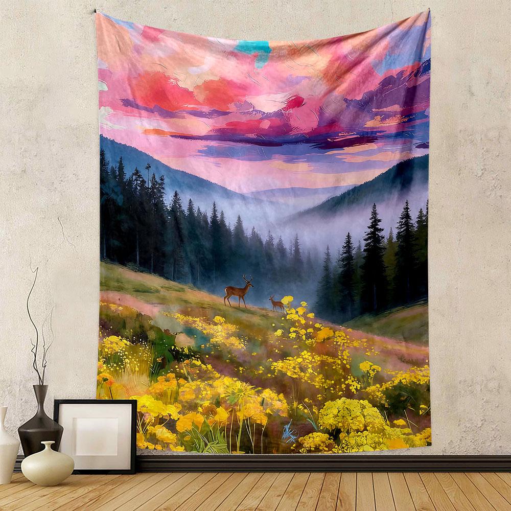 Deer in a Colorful Mountain Sunrise Patterned tapestry home decor, suitable for bedroom and living room, gift