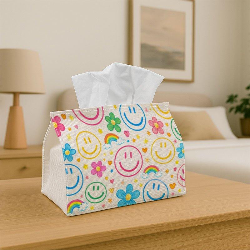 1pc Tissue Box Holder, Smile Icon- Rainbow Happy Face Pattern, Durable Polyester Fabric, Multi-Functional Napkin Dispenser for Home, and Party Decor,