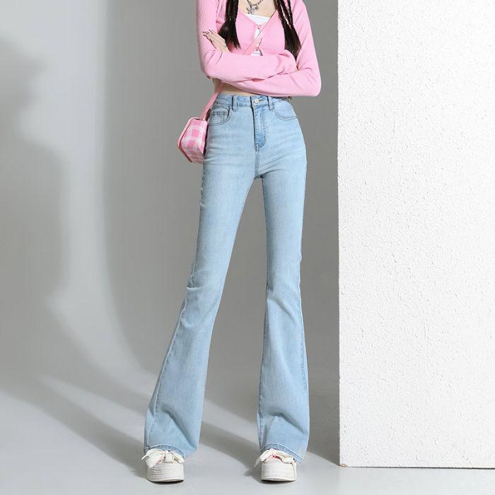 Женские джинсы клеш ретро светло-голубого цвета с высокой посадкой - Маленький размер, стрейч, облегающие