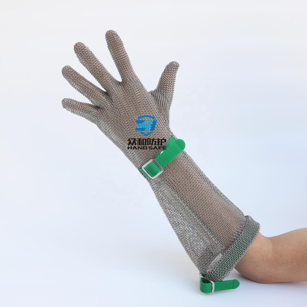 316L Cut Resistant A9 Food Grade Stainless Steel Ring Mesh Long Sleeve TPU Plastic Strap Chainmail Glove