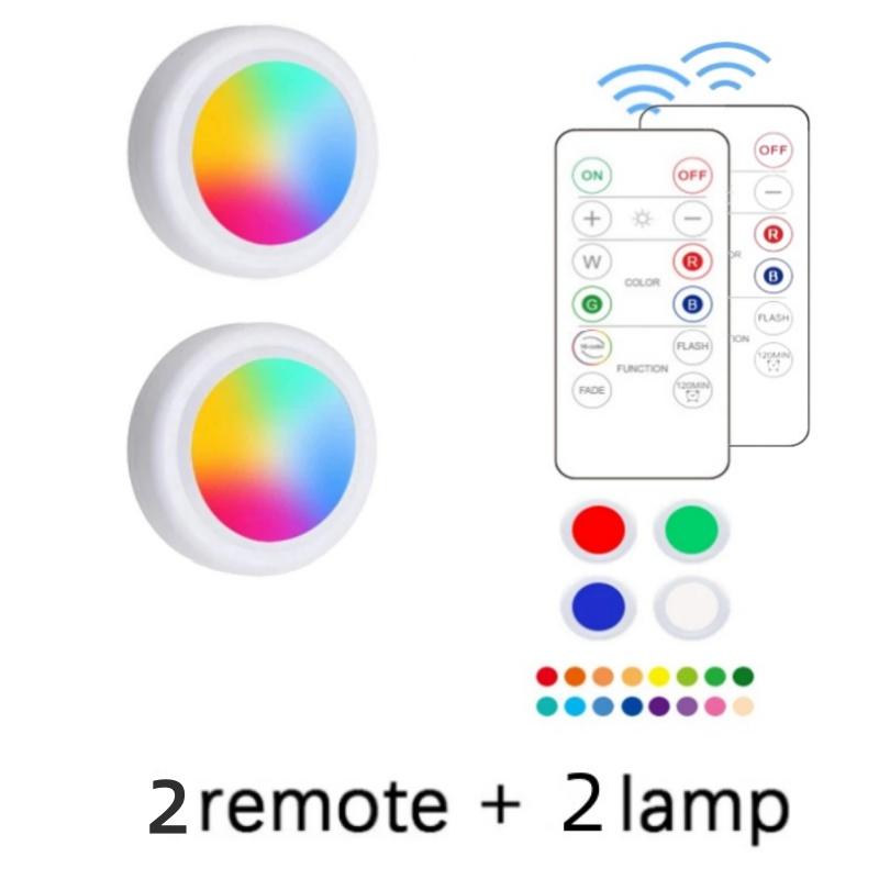 Цветные RGB-светильники под шкаф с дистанционным управлением, регулируемая яркость, ночник для гардероба, беспроводная светодиодная лампа на батарейках для кухни, спальни, шкафа