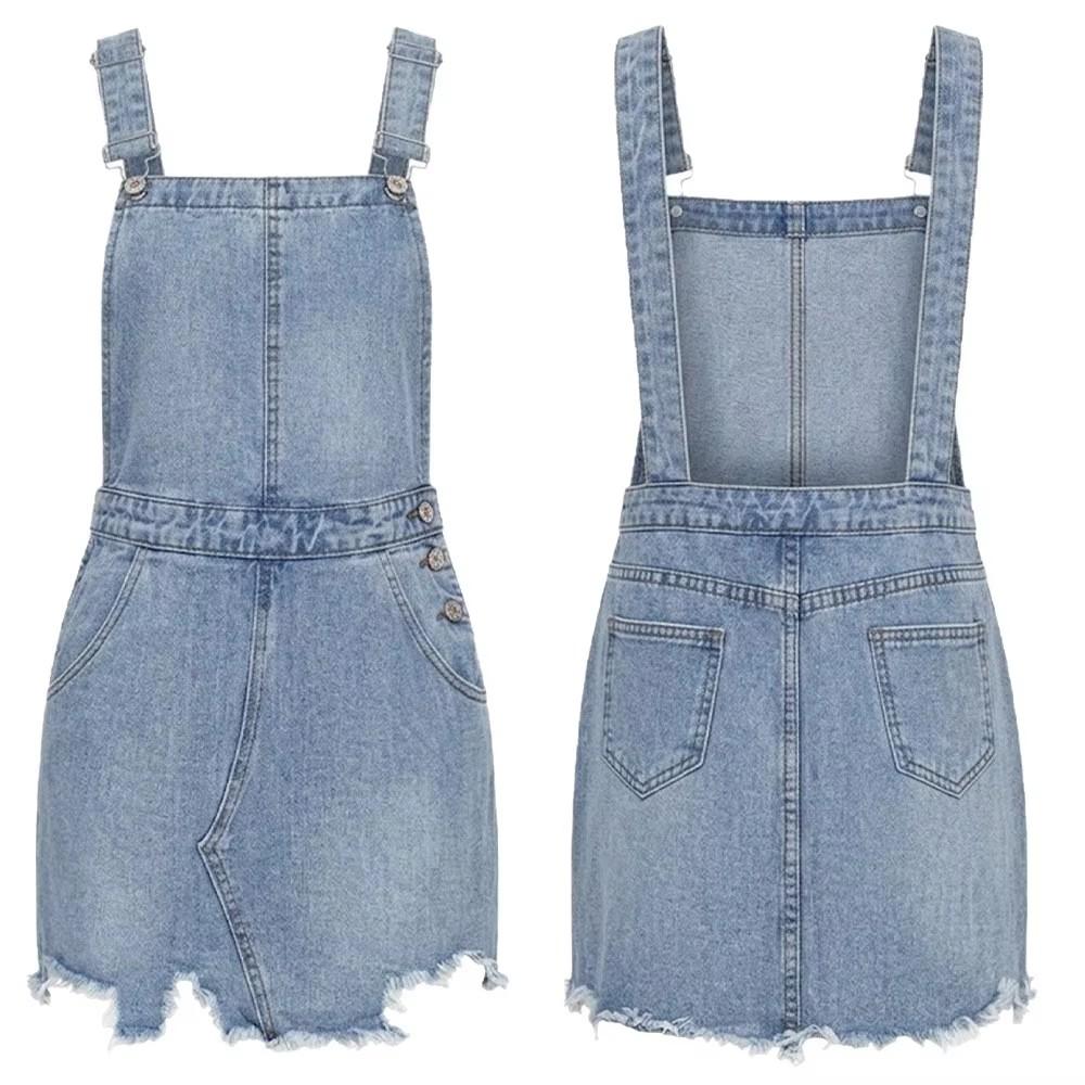 Women's Denim Overall Skirt Casual Washed Jean Dress Adjustable Straps A-Line Vintage Distressed Short Mini Skirt for Women