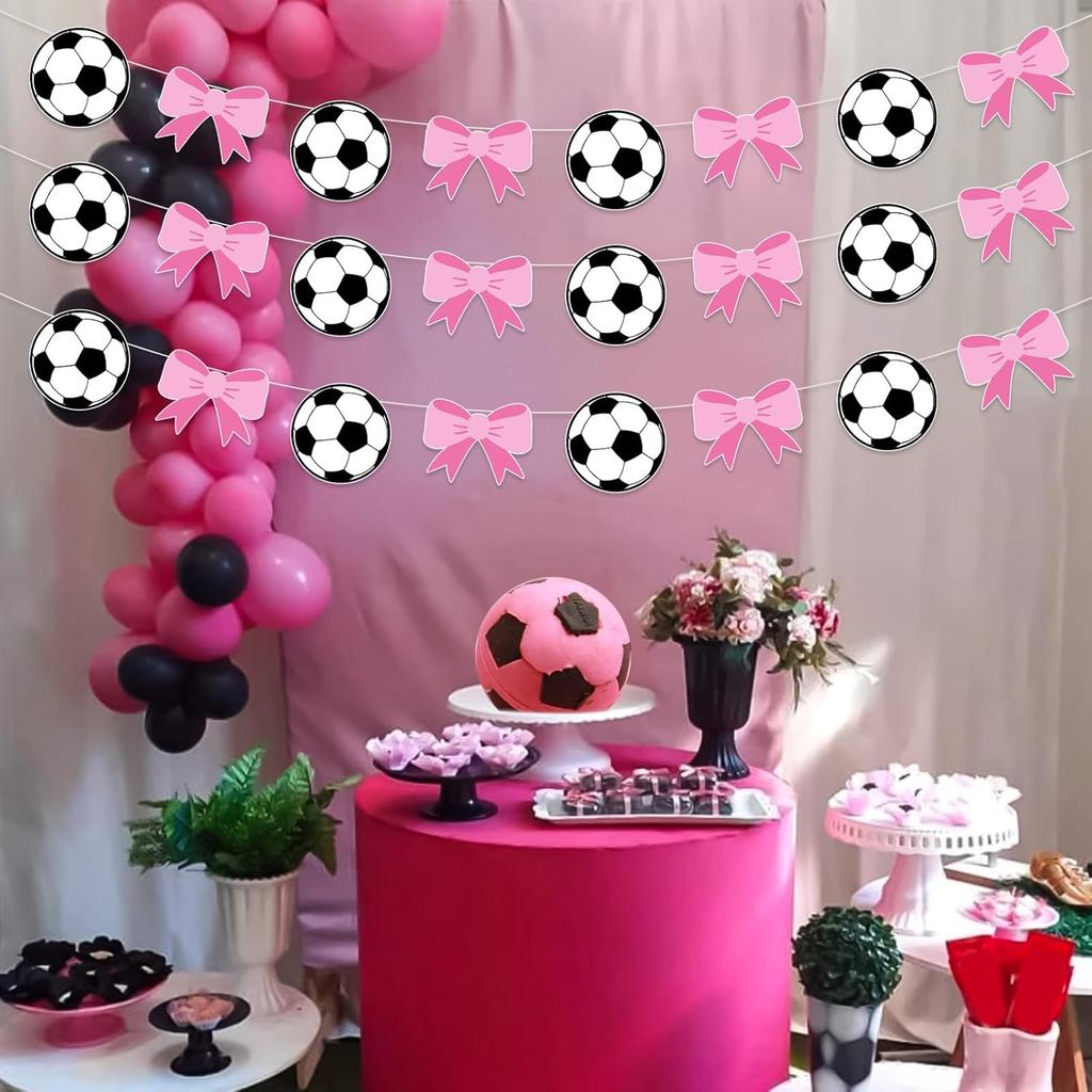 Jollyboom Soccer Gender Reveal Decoration, 3pcs Goals or Bows Gender Reveal Decoration Garland Soccer Ball Bow Banner Pre-Strung for Soccer Sport