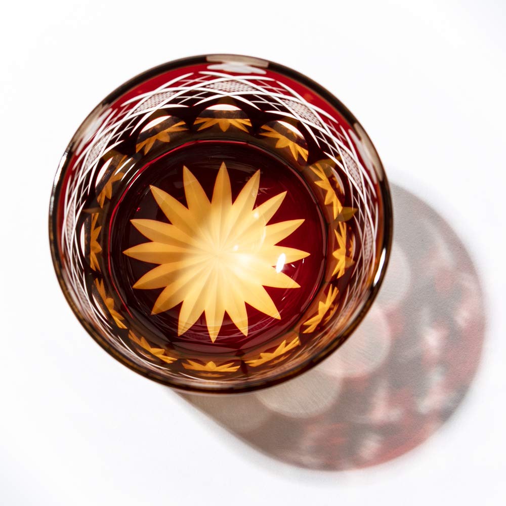 Taiburo Edo Kiriko Glassware with and Pattern Wooden Made In Japan [Official Workshop] Four-Leaf Yarai-Nanko (Amber Red) TB94429AR, Box,