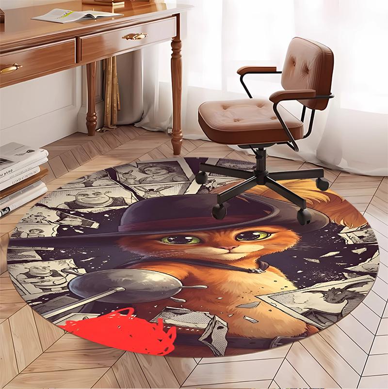 Puss in Boots Pattern Round Rug, Indoor/Outdoor Mat, for Picnic, Gameroom, Bedroom, Office, Living Room, Home Decor Carpet, Birthday Gift