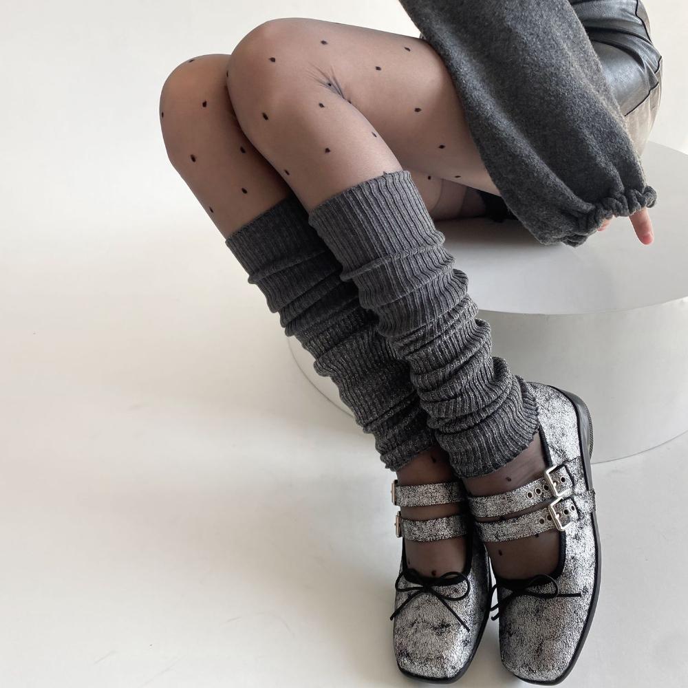 Women Leg Warmers Patchwork Silver Shiny Foot Cover Knee Socks Y2k Girls Leg Warmers Solid Color Black Gray Long Socks Stockings