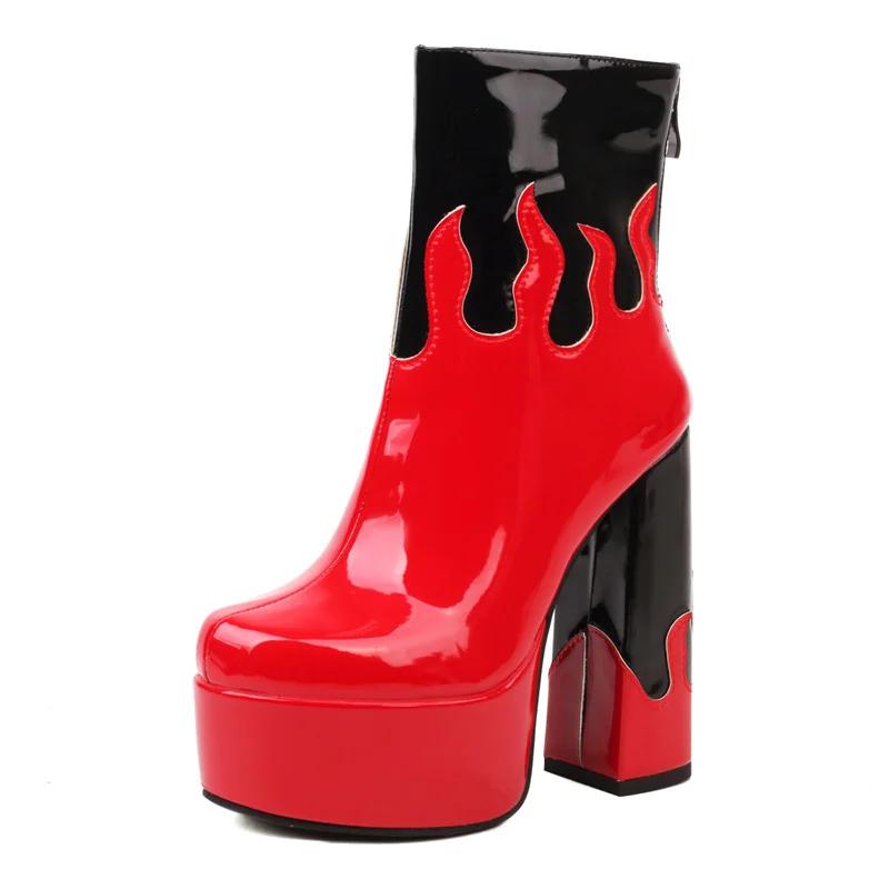 Red Flame Mixed Color Platform Ankle Boots Women High Chunky Heels Pink White Party Ladies Autumn Winter Punk Zipper Short Boots
