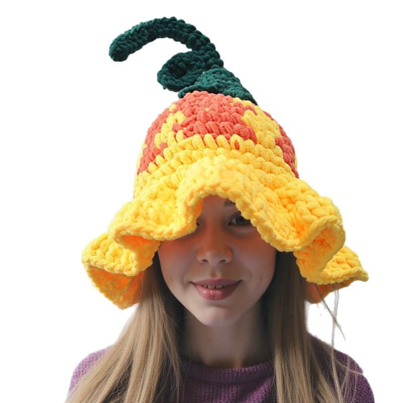 Halloween Pumpkin Flower Witch Hat Crochet Warm Winter Beanie Women