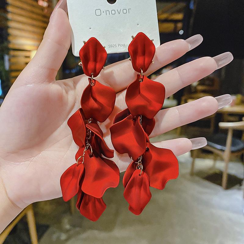 Серьги длинные из стерлингового серебра S925 с иглой, корейские, японские, для сужения лица, в форме лепестков розы
