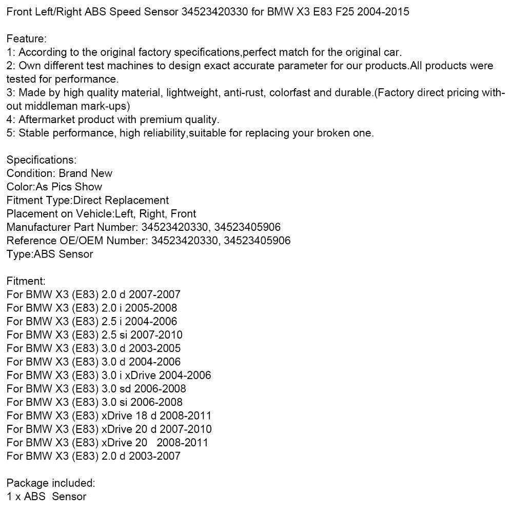 Areyourshop Датчик скорости ABS передний левый/правый 34523420330 для BMW X3 E83 F25 2004-2015
