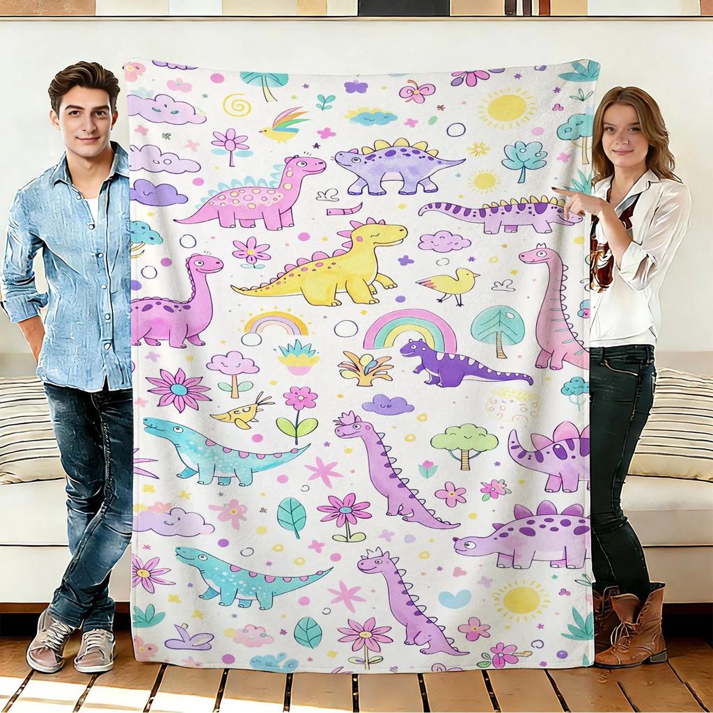 Colorful Dinosaur&Rainbow Flannel Blanket Soft Cozy Throws Napping Travel Use