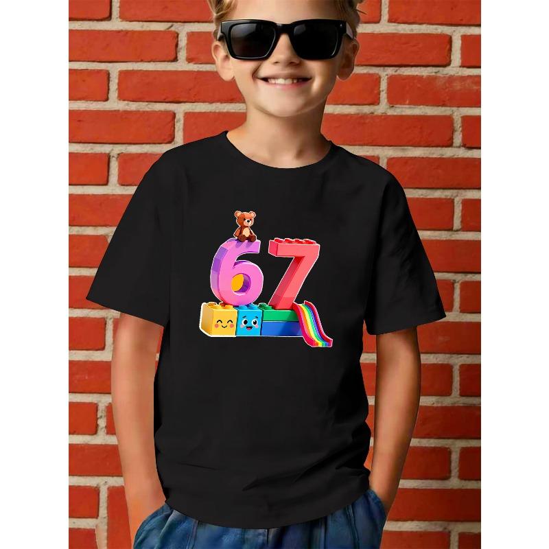 European sizes Boys' Short Sleeve T-Shirt Compatible for Valentine's Day & New Year Gifts - Summer Casual Round Neck Tee with Number 67 Print
