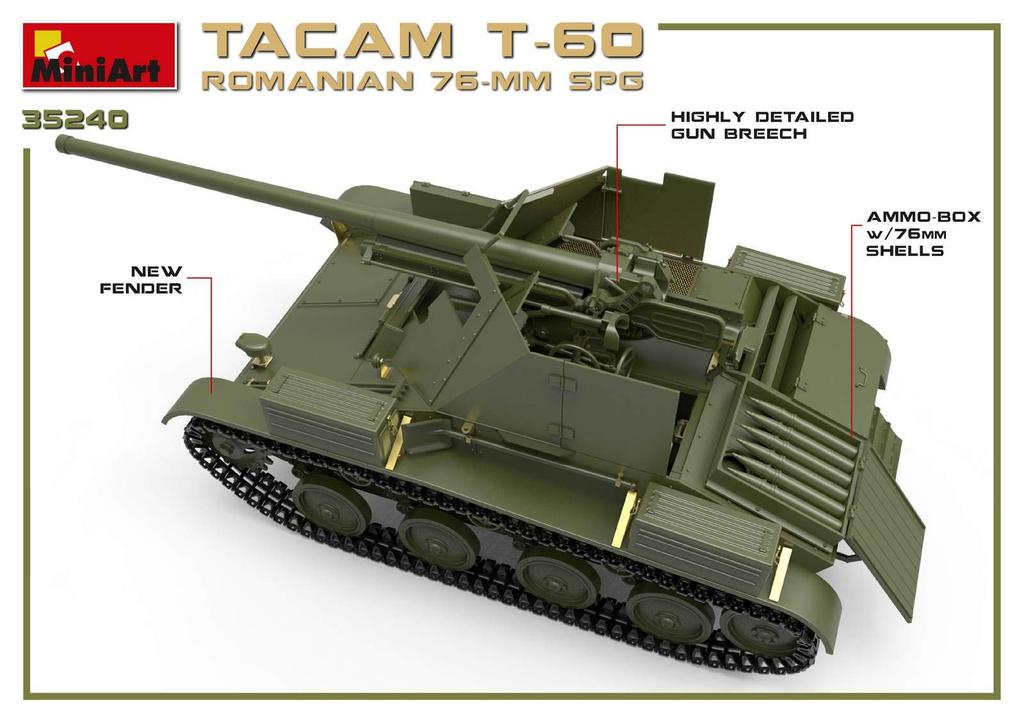MiniArt Масштаб Румынская армия 76-мм артиллерийская САУ TACAM Полный интерьер Пластиковый набор модели MA35240 1/35 Самоходная T-60