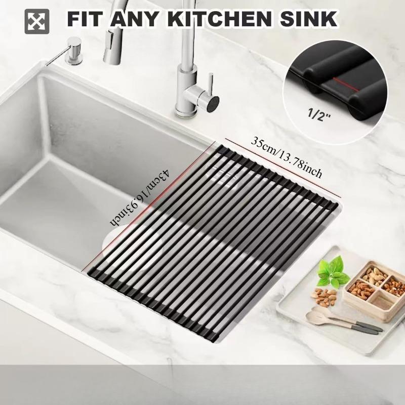 1PC rubber roll-type dishwasher top drain rack, wrapped in non-slip and rust-proof silicone, foldable multi-functional dishwasher drain pad