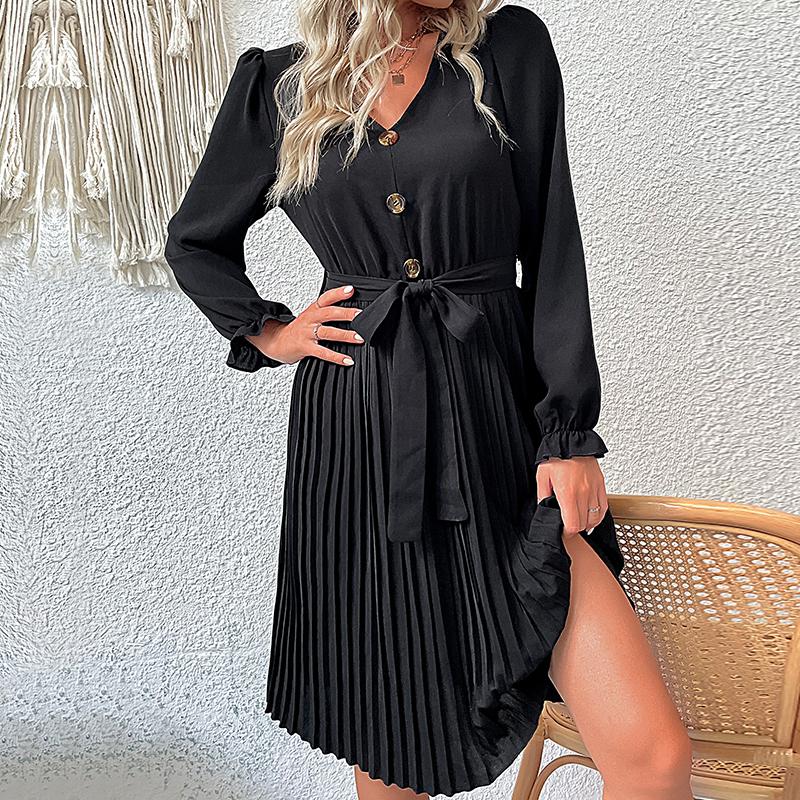 Early Autumn Fashion Pleated Women's Black V Neck Long Sleeve Lace Up High Waist A Line Dress