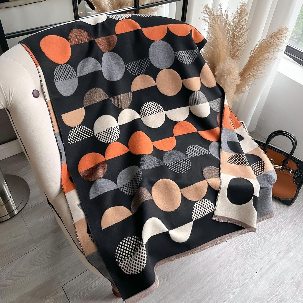 Warm Jacquard Short Beard Tassel Scarf Ladies Polka Dot Reversible Air-Conditioning Shawl Scarf