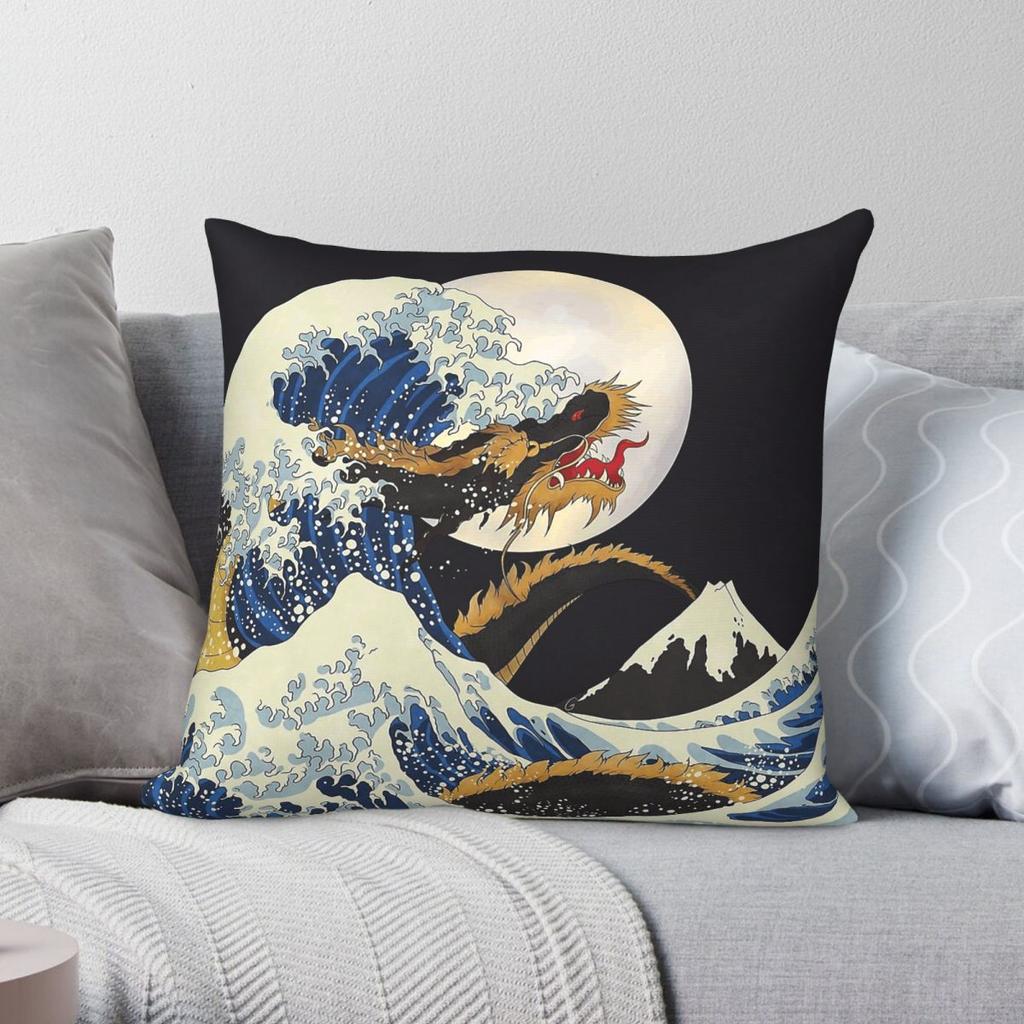 Dragon Great Wave Of Kanagawa Square Pillowcase Polyester Linen Velvet Printed Zip Decorative Throw Pillow Case Sofa Cover
