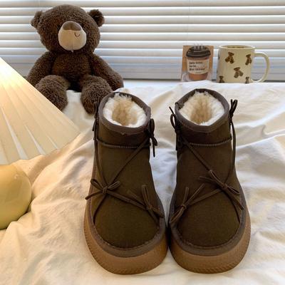 Зимние женские ботинки на толстой подошве с бантом и большим носком, 2025 новинка, бархатные короткие ботинки с цельным мехом, хлопковые ботинки для Северо-Востока