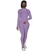 Women Casual Jumpsuit High Collar Slim Fitness Long Sleeve Female Tight Solid Color Jumpsuit