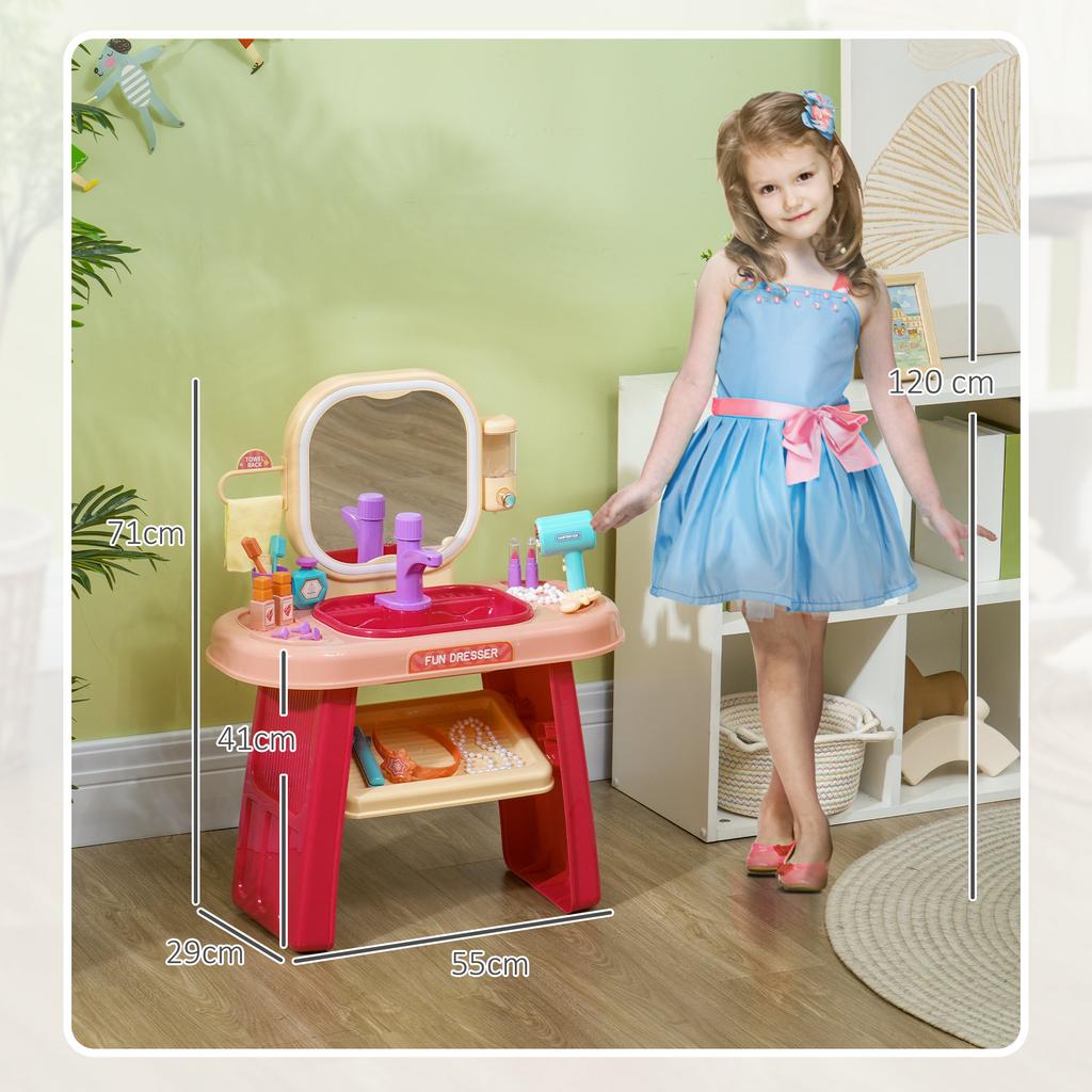 Kids Dressing Table with Mirror, LED Light, 23 Accessories, Pink
