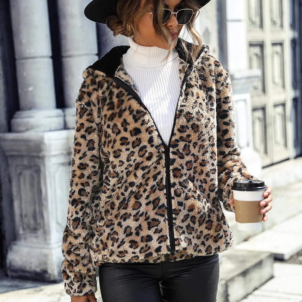 Autumn and Winter Women's Hooded Long Sleeved Leopard Print Double Sided Velvet Loose Casual Coat High Quality Unique