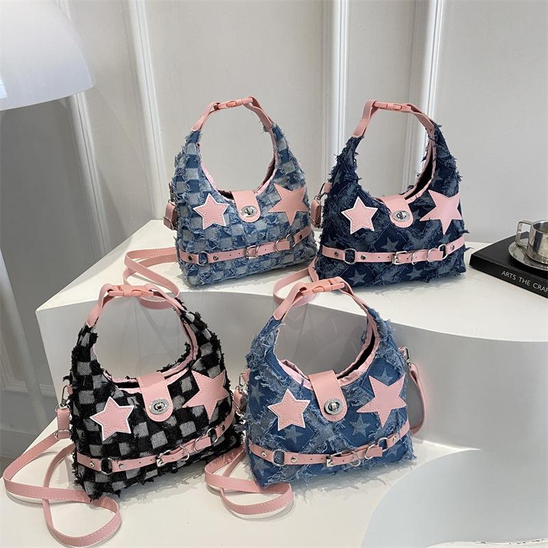 Pink Star Purse and Handbags Aesthetic Plaid Denim Shoulder Bag Punk Leisure Outdoor Crossbody Bag For Women CLE